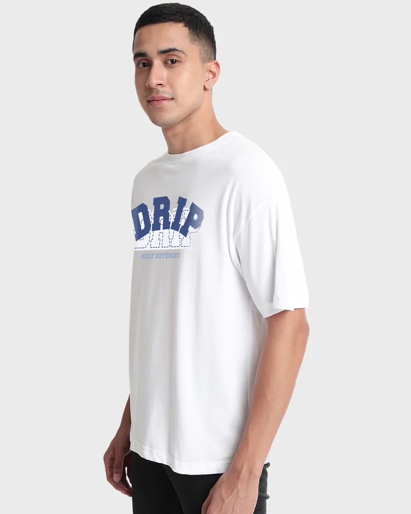 bewakoof Men's White Drip Typography Oversized T-shirt